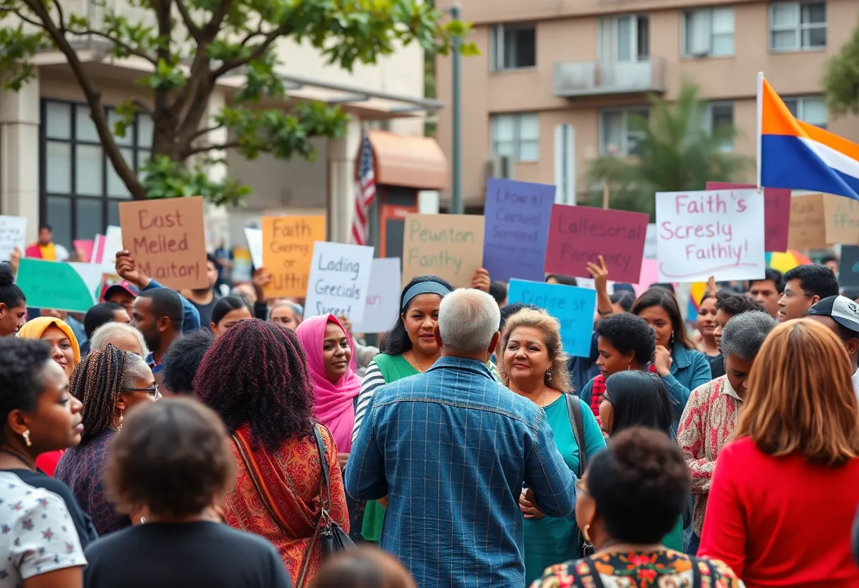 Diverse community members gathering in an urban setting, symbolizing faith and social advocacy.