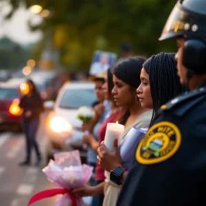 A community gathering representing mourning and reflection after a tragic hit-and-run incident.
