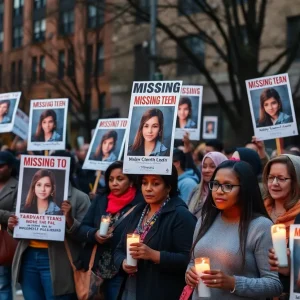 Community members hold signs for missing teenagers in Detroit