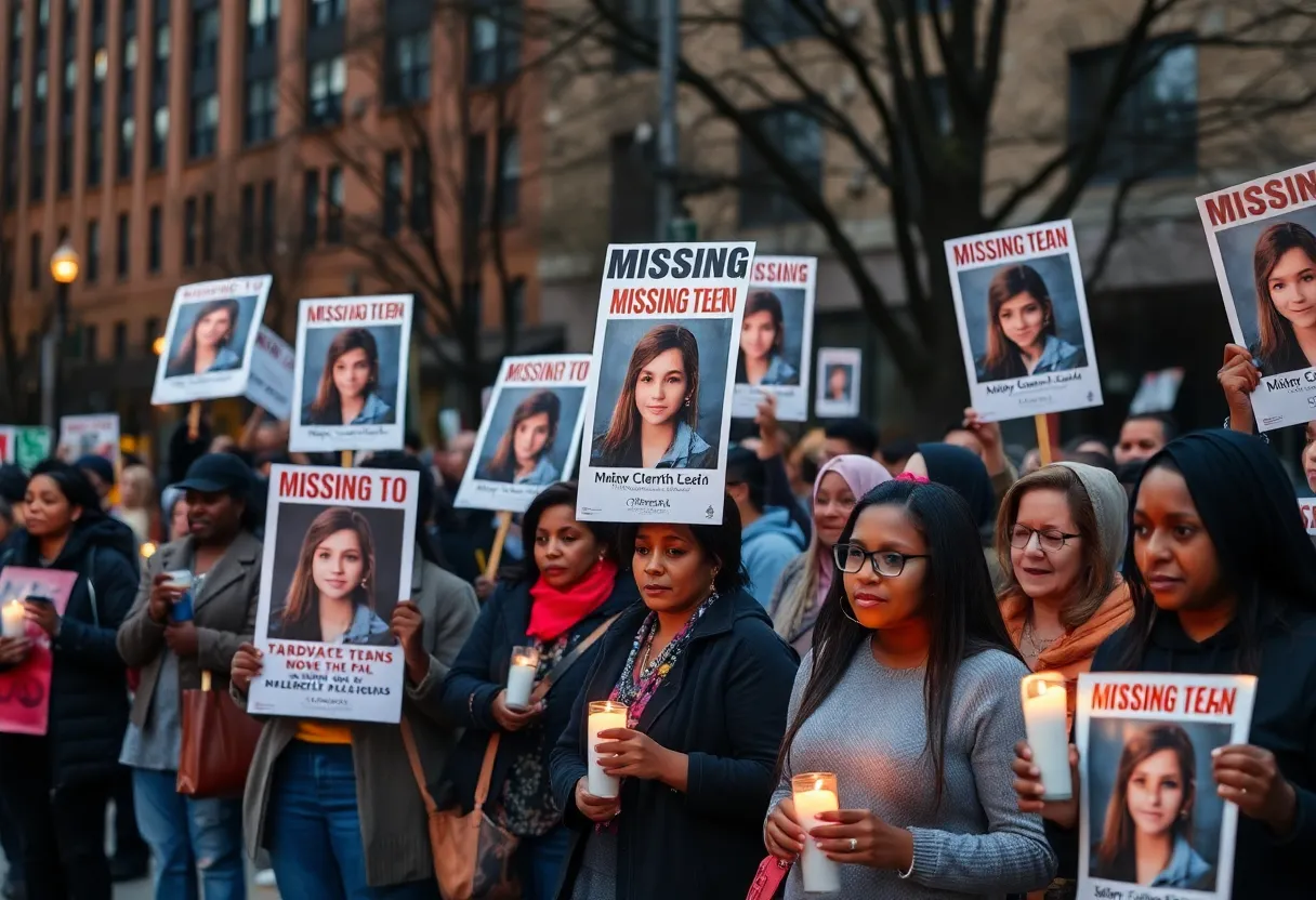 Community members hold signs for missing teenagers in Detroit