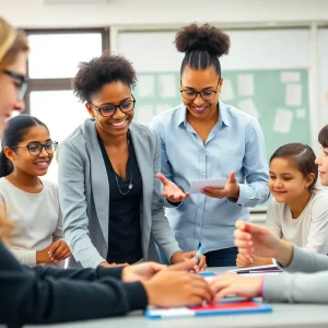 Educators collaborating in a team teaching setup with students in a classroom.