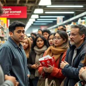 Consumers looking at prices in a supermarket amid economic concerns.