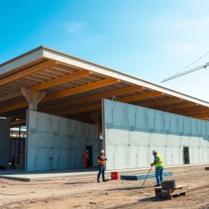View of the Coolidge terminal under redevelopment in Detroit, showcasing modern architecture and construction activity.