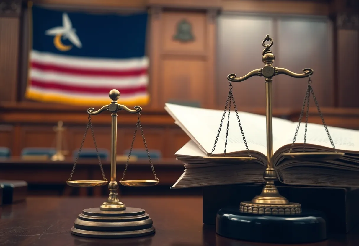 Courtroom scene with legal documents and scales of justice