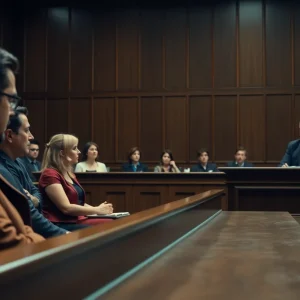 Courtroom during a serious murder trial with jurors present