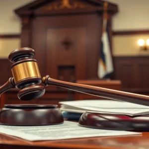 A gavel and legal documents in a courtroom setting