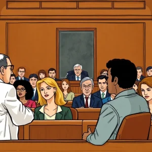 A courtroom with a judge, audience, and legal representatives, conveying a sense of public safety and justice.