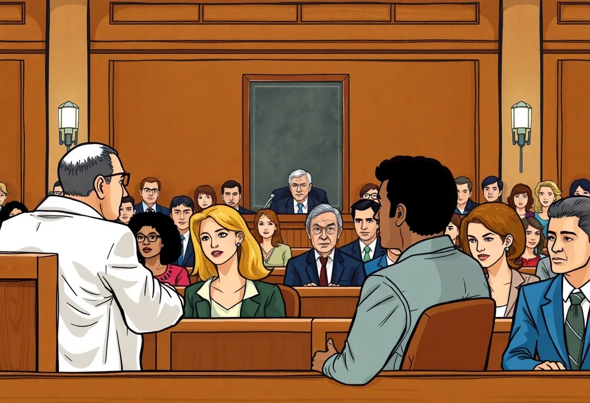 A courtroom with a judge, audience, and legal representatives, conveying a sense of public safety and justice.