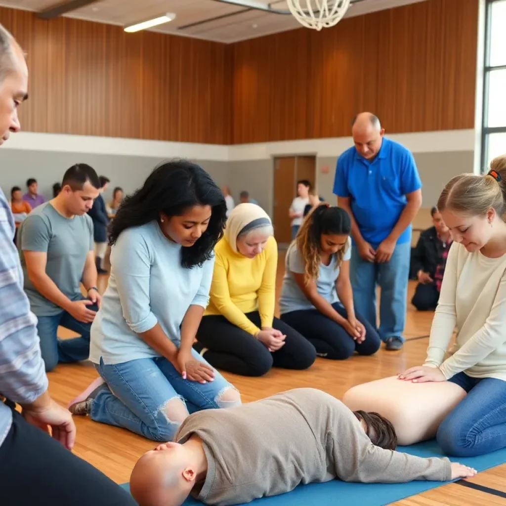 Participants engaged in CPR training at a community event in Detroit.