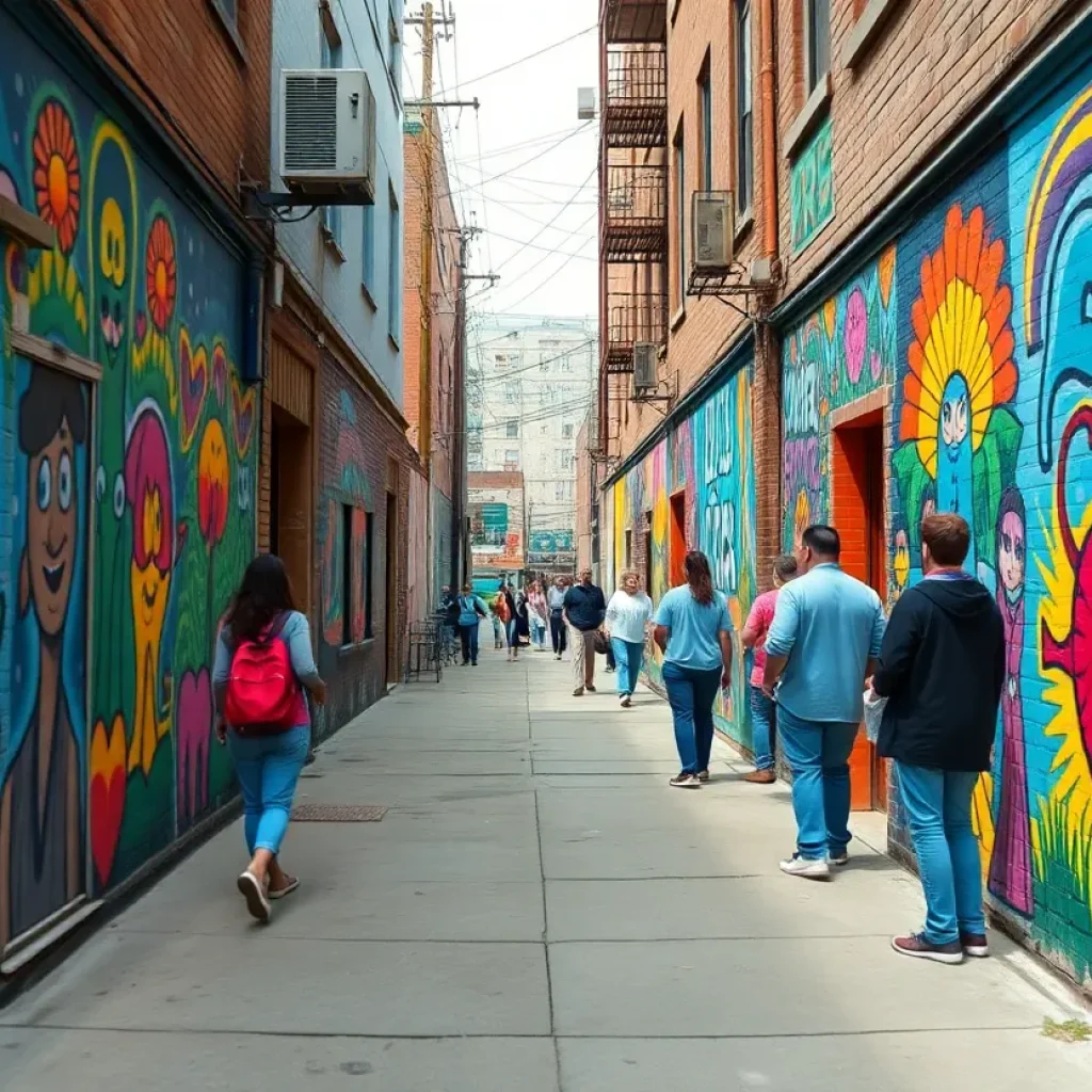 Colorful murals in a Detroit alley as part of the Arts Alley Initiative.