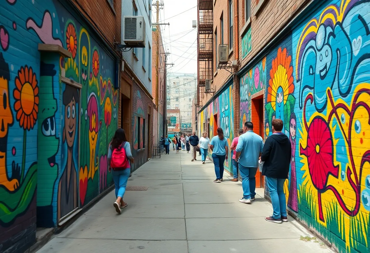 Colorful murals in a Detroit alley as part of the Arts Alley Initiative.