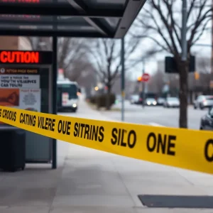 Bus stop in Detroit with caution tape indicating a recent incident.