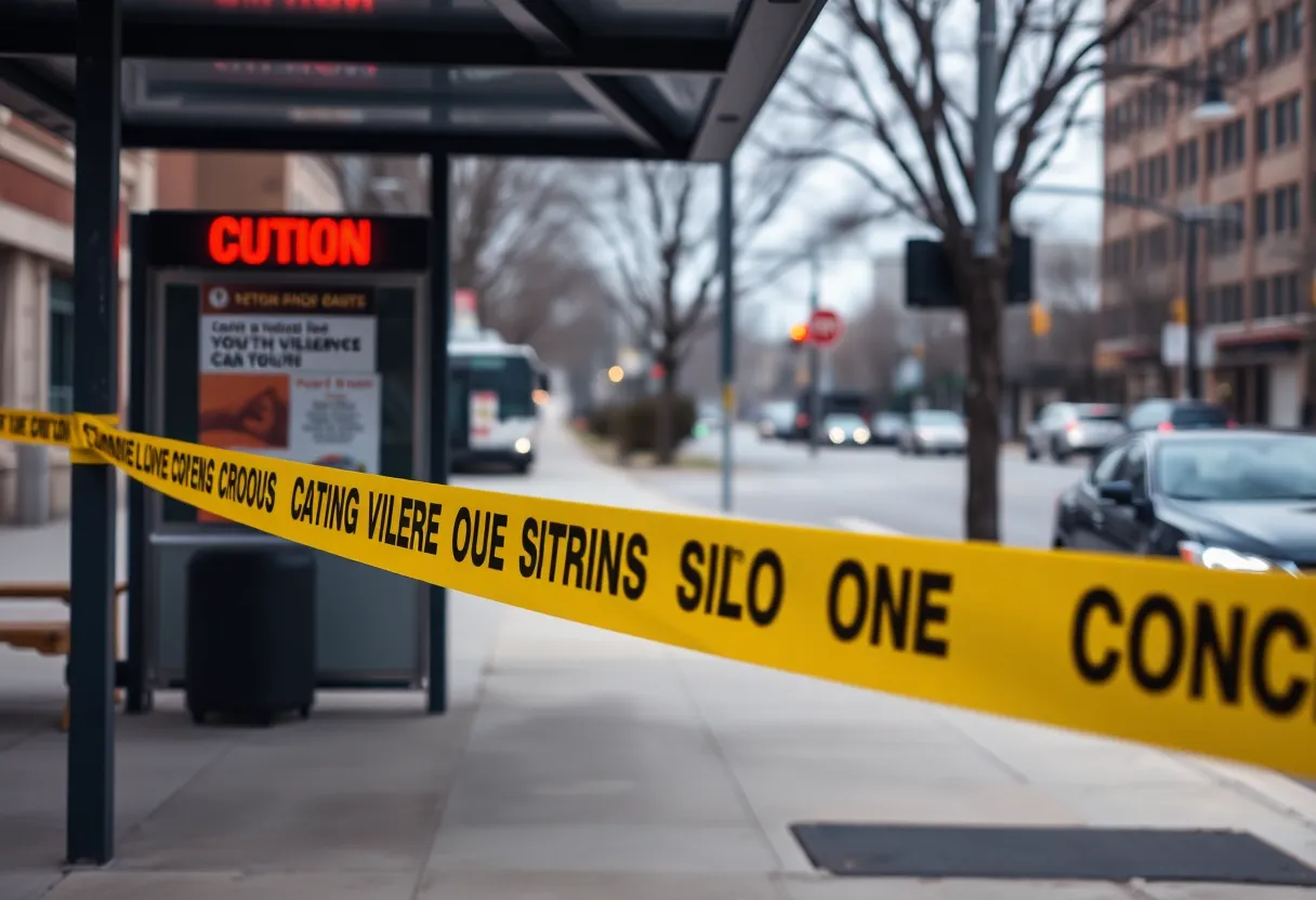 Bus stop in Detroit with caution tape indicating a recent incident.