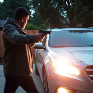 Illustration of a tense carjacking scene in a suburban setting.