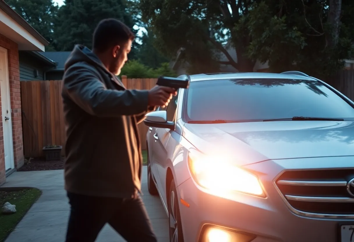 Illustration of a tense carjacking scene in a suburban setting.