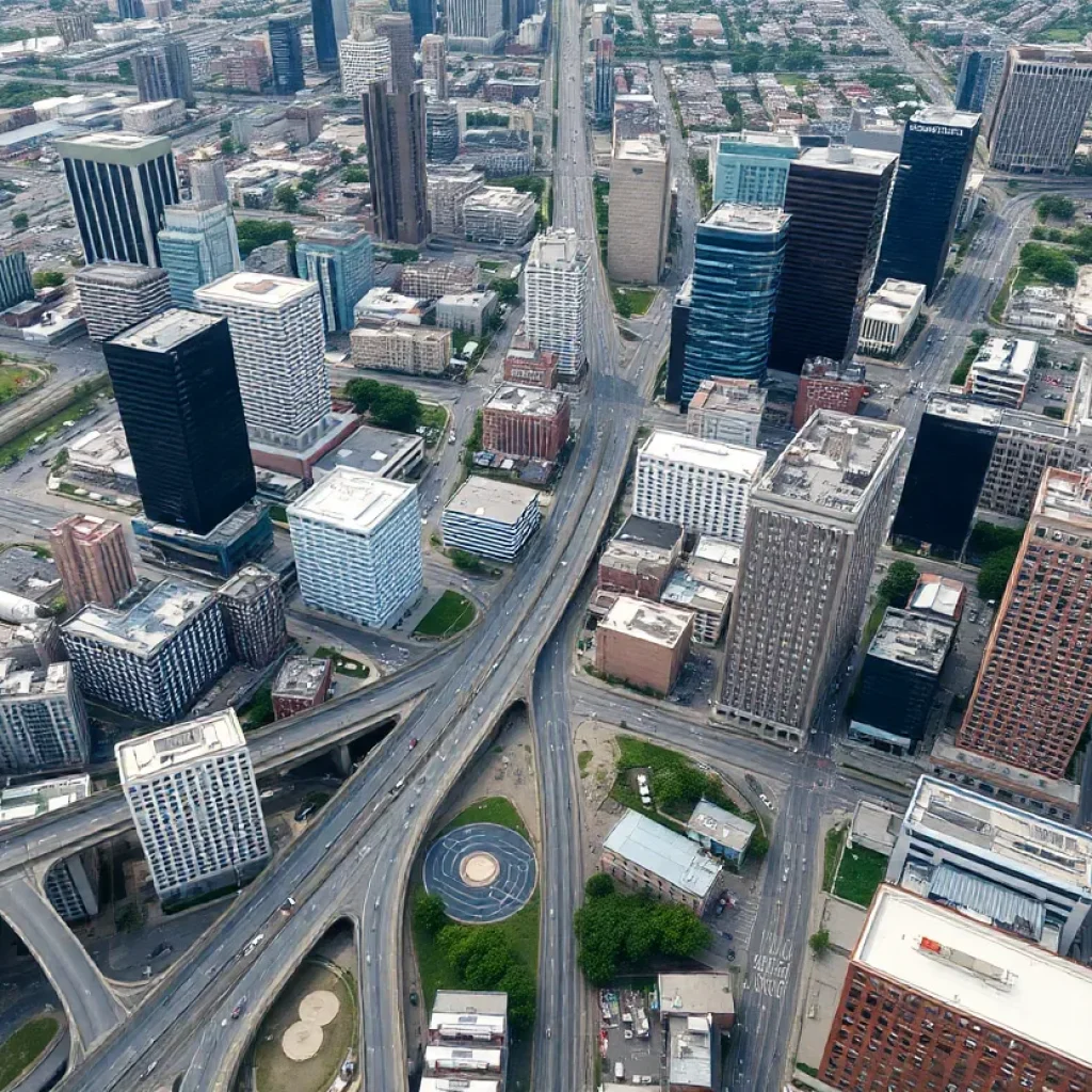 Aerial view of Detroit showcasing the city's landscape and urban infrastructure.