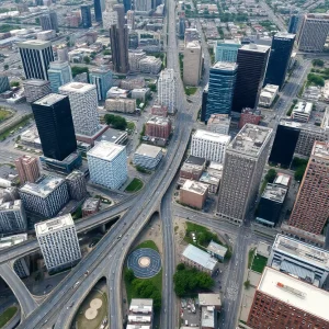 Aerial view of Detroit showcasing the city's landscape and urban infrastructure.