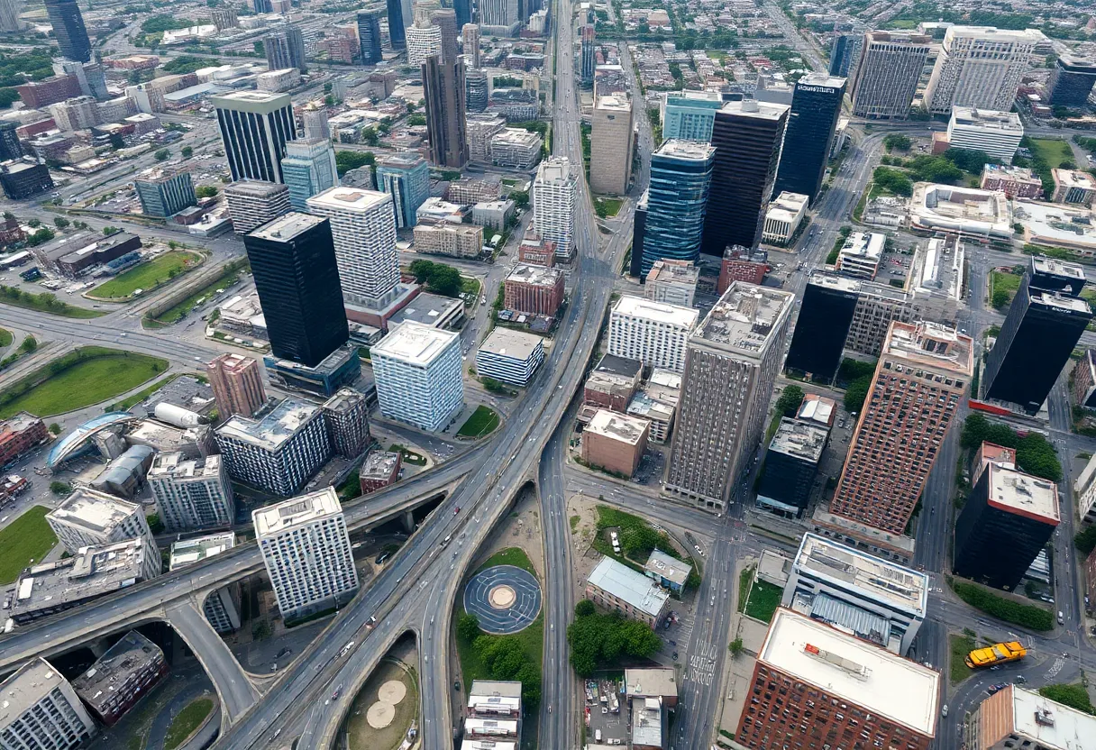 Aerial view of Detroit showcasing the city's landscape and urban infrastructure.