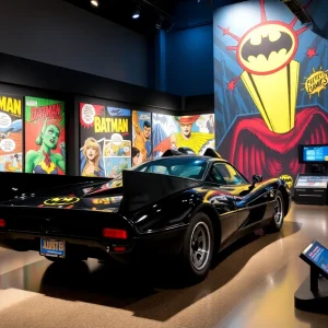 Vibrant comic book exhibit at the Detroit Historical Museum with interactive displays.