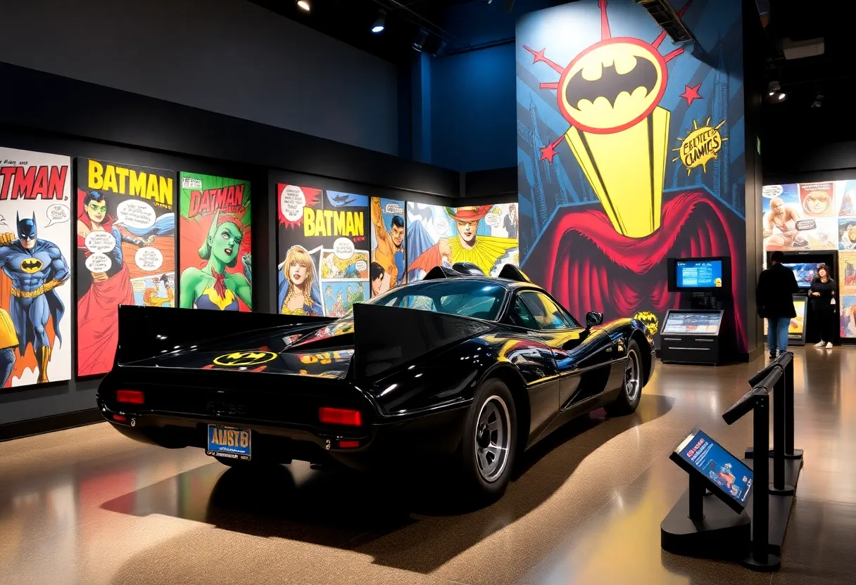 Vibrant comic book exhibit at the Detroit Historical Museum with interactive displays.