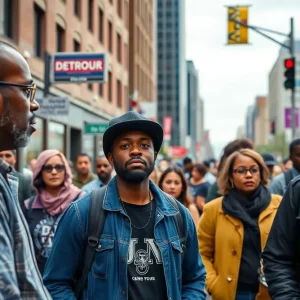An urban street in Detroit with community members discussing missing persons.