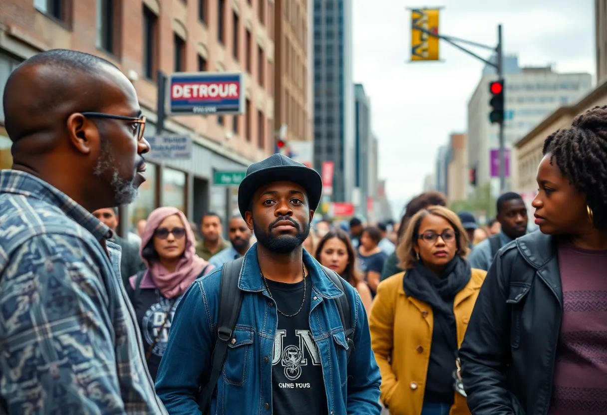 An urban street in Detroit with community members discussing missing persons.