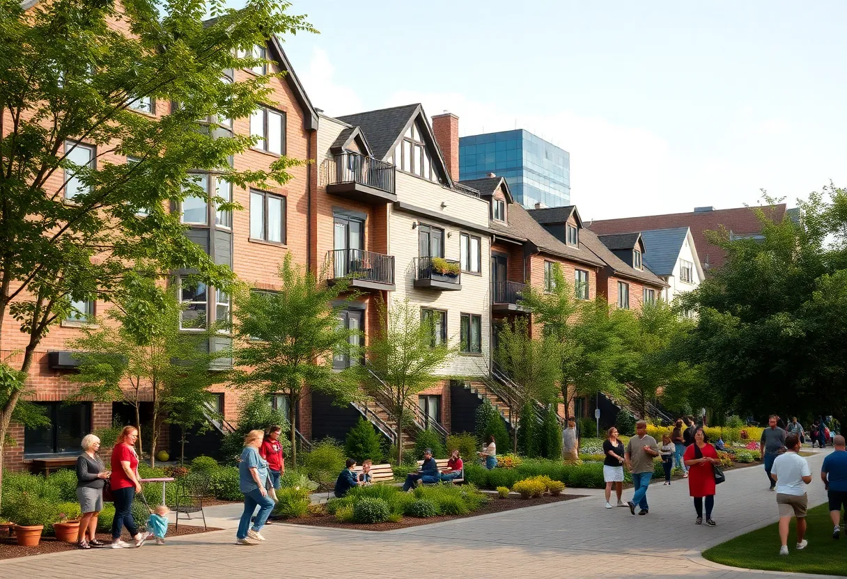 Community land trust housing in Detroit with residents engaged in activities.