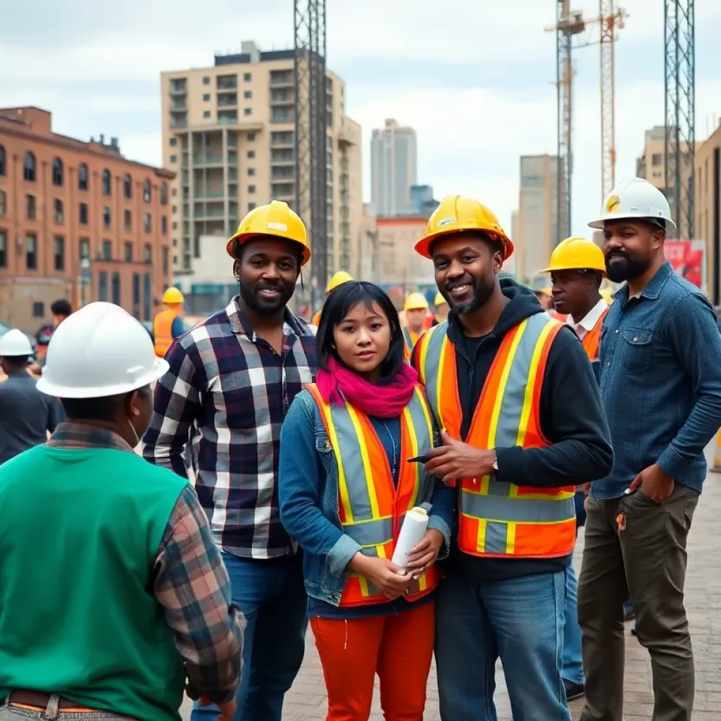 Construction workers at a Detroit site collaborating on a project