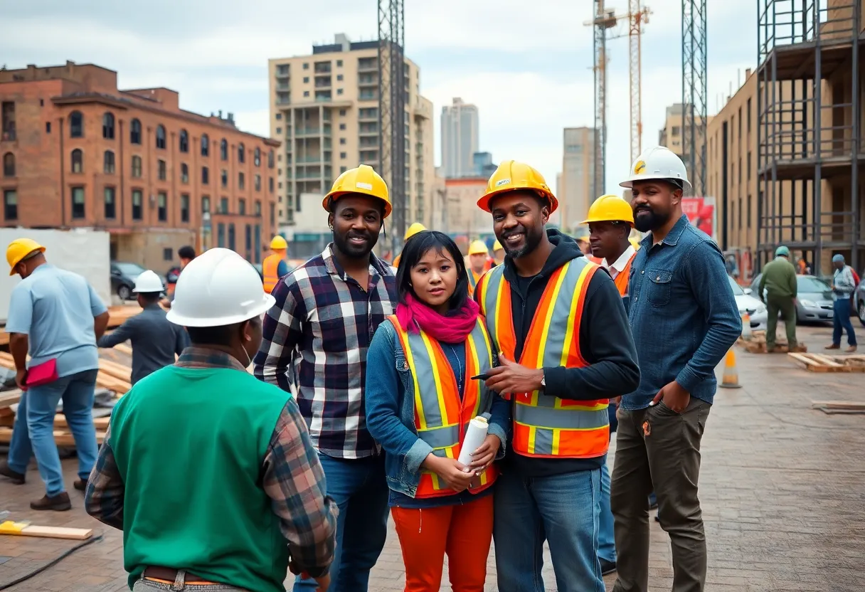 Construction workers at a Detroit site collaborating on a project