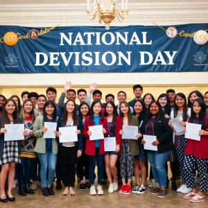 Students celebrating National College Decision Day at Detroit Cristo Rey High School
