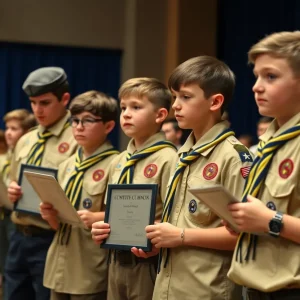Eight new Eagle Scouts from Troop 647 at their ceremony