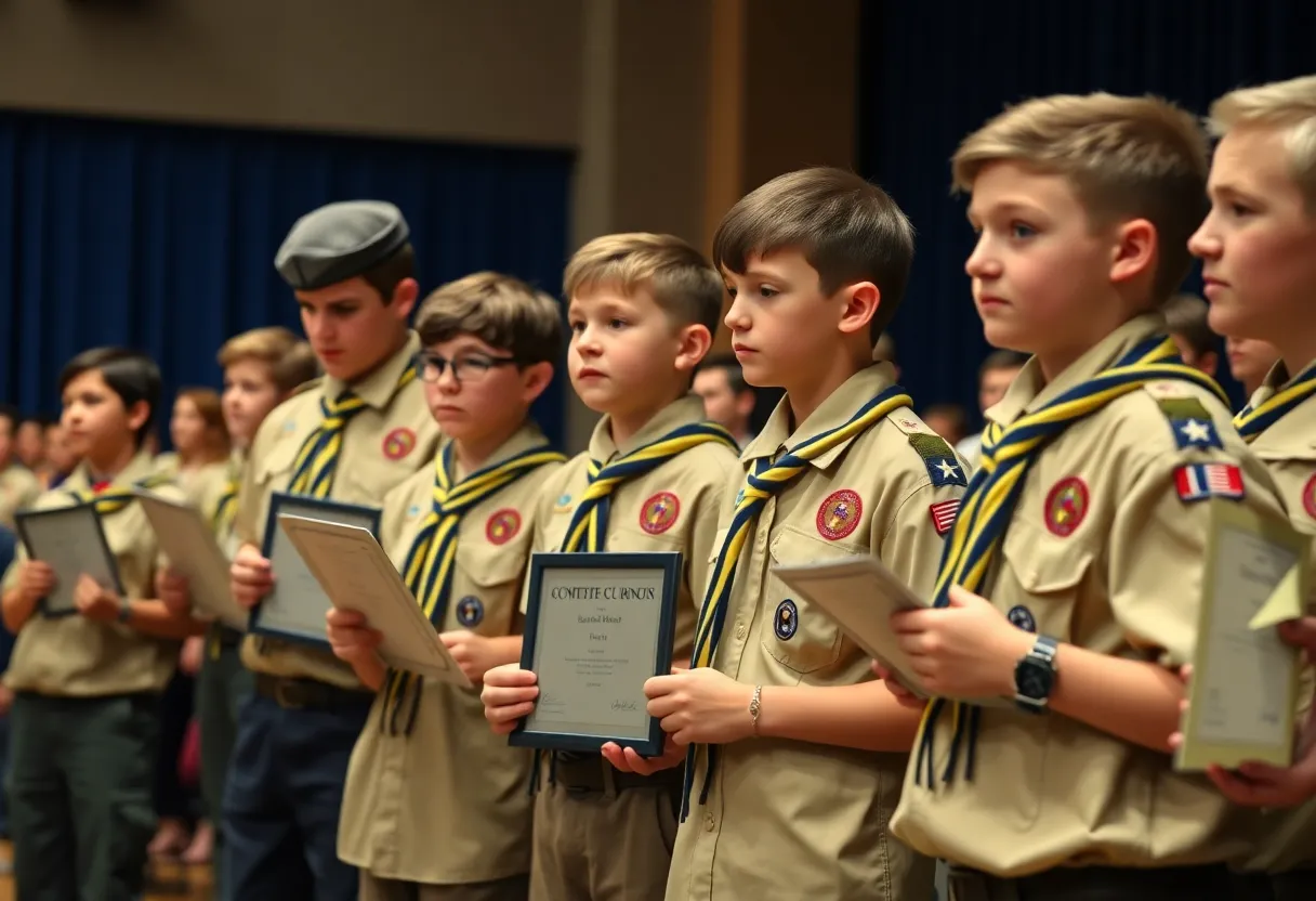 Eight new Eagle Scouts from Troop 647 at their ceremony