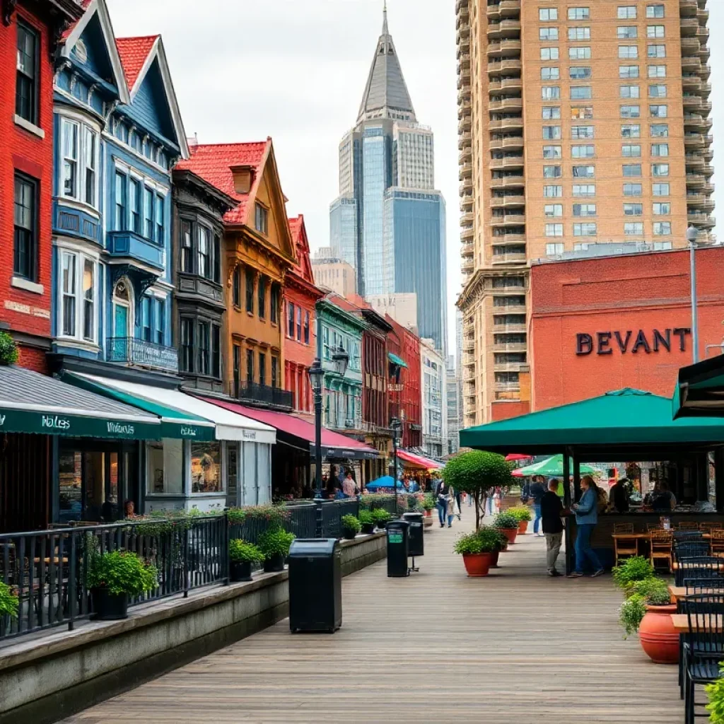 View of Detroit's eastern riverfront with shops and dining areas