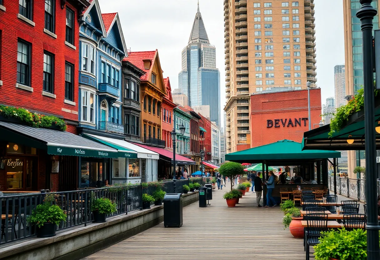 View of Detroit's eastern riverfront with shops and dining areas