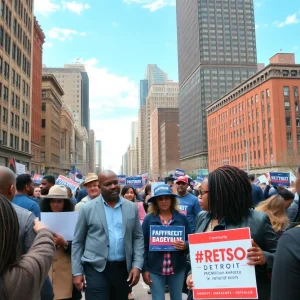 Diverse Detroit community members engaging in a political discussion