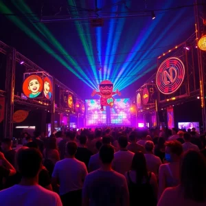 Crowd enjoying the Detroit Electronic Music Festival with colorful lights and art.