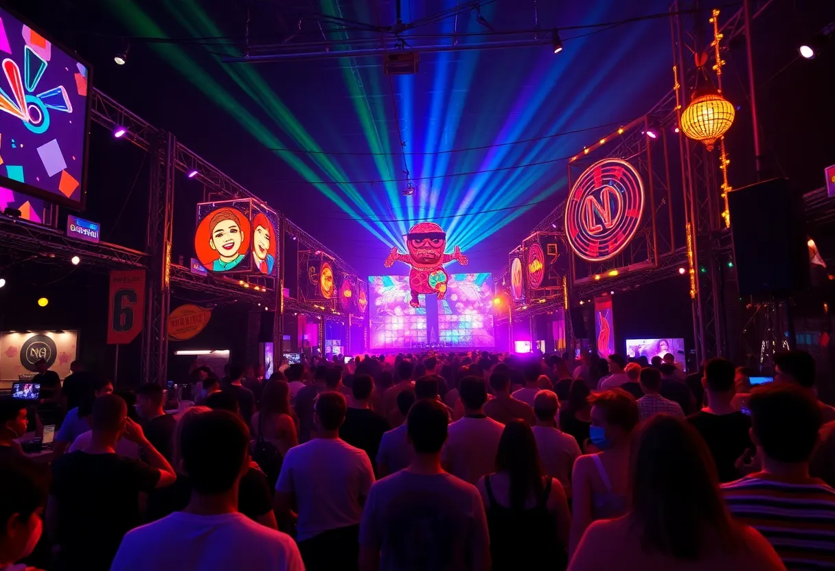 Crowd enjoying the Detroit Electronic Music Festival with colorful lights and art.