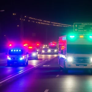 Emergency vehicles at the scene of a traffic accident on a freeway.