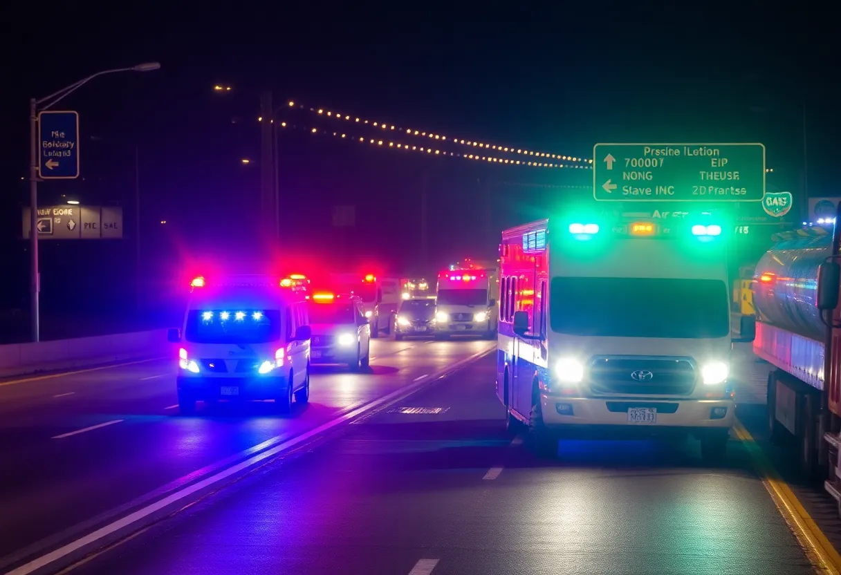 Emergency vehicles at the scene of a traffic accident on a freeway.