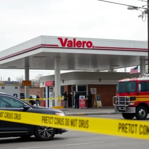 Emergency responders at a closed Valero gas station in Detroit following a shooting incident.
