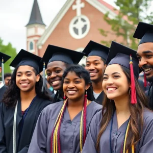 Group of high school graduates celebrating at a Detroit chapel