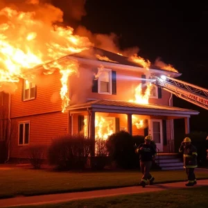 Firefighters extinguishing a house fire in Detroit