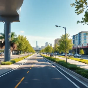 Rendering of the redesigned Detroit I-375 as a boulevard with pedestrian and bike access.