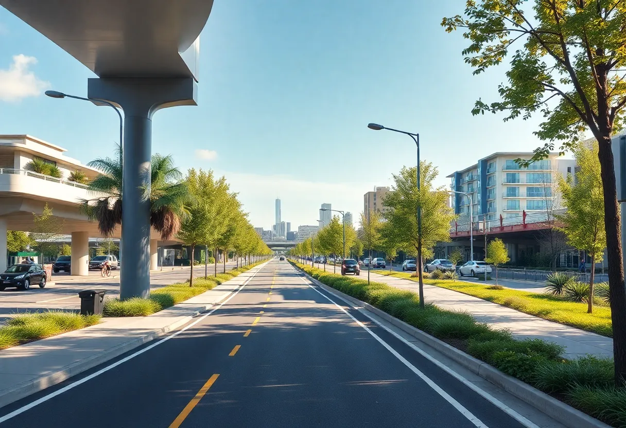 Rendering of the redesigned Detroit I-375 as a boulevard with pedestrian and bike access.