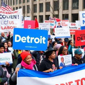 Group rallying for labor unions and political candidates in Detroit