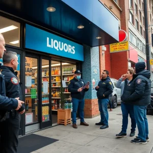Police discussing safety measures outside a liquor store in Detroit