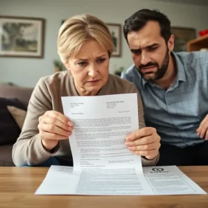 Couple examining a fraudulent lottery letter at home in Detroit