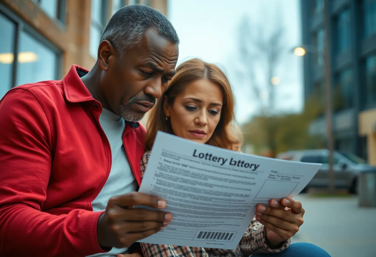 Couple examining a fraudulent lottery letter at home in Detroit
