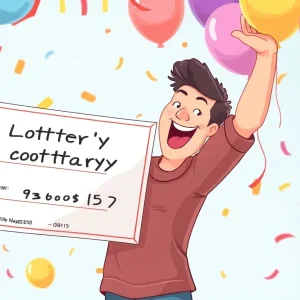 A joyous celebration scene of a lottery winner with balloons and a large check.