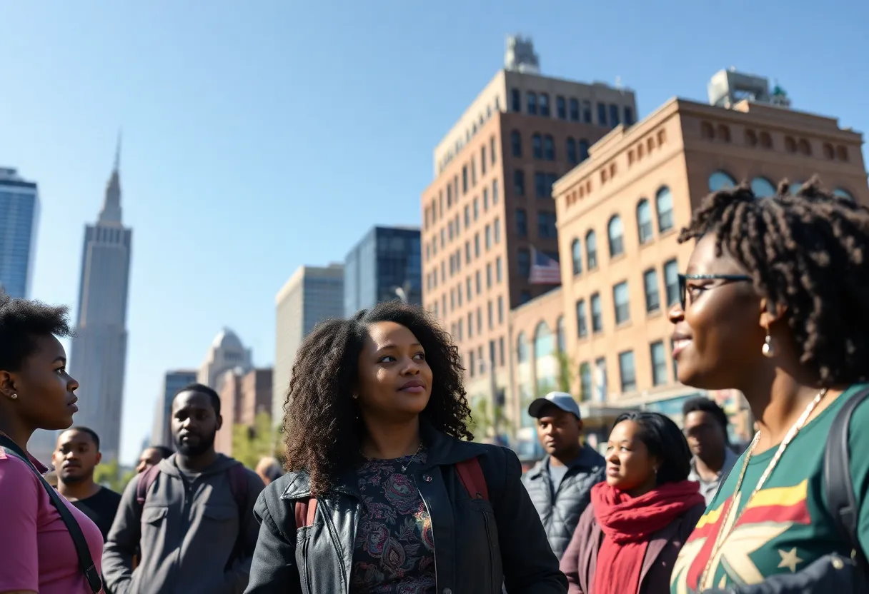 Scene from a Detroit mayoral debate set in an urban environment